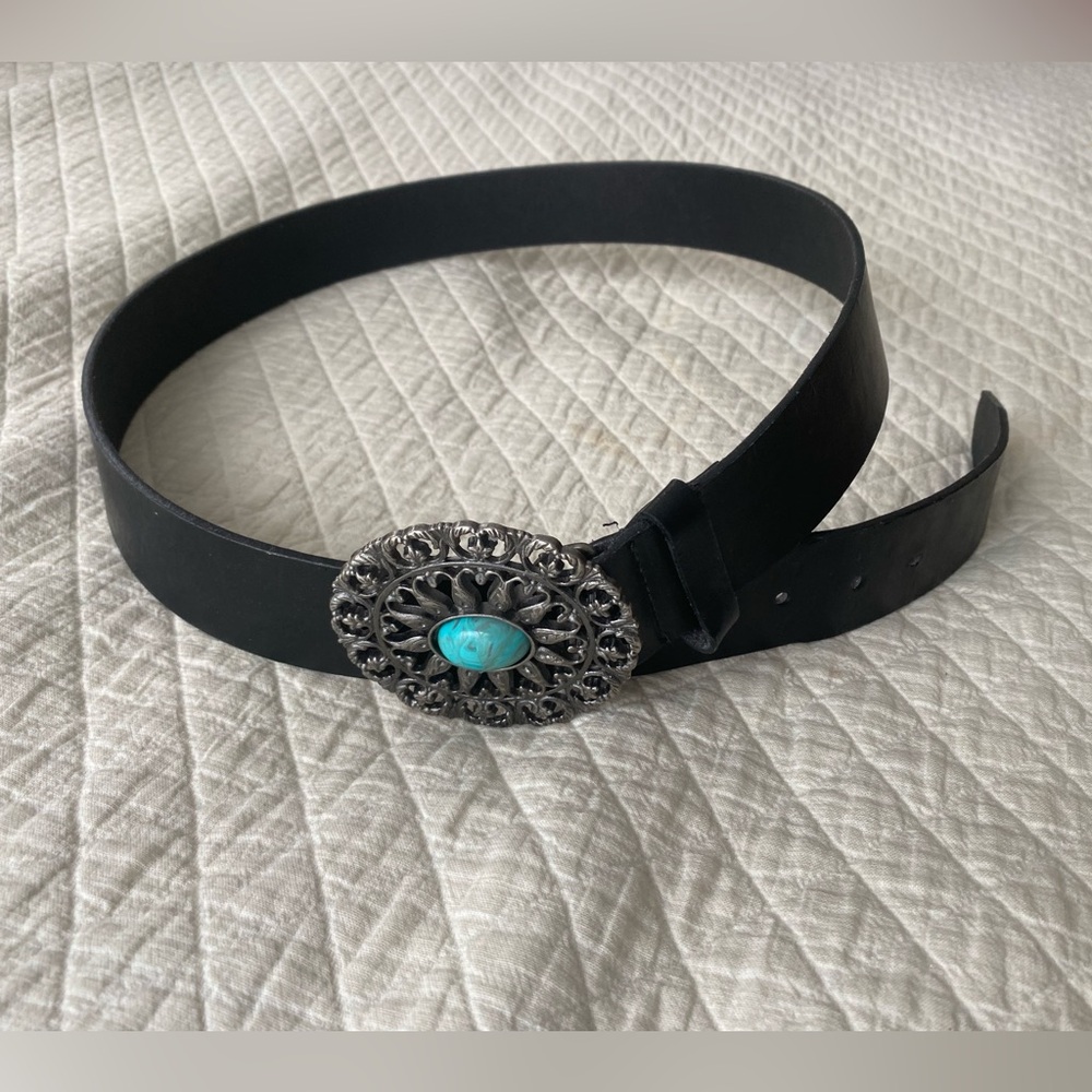 Western Festival Black Belt Silver-tone Turquoise Buckle women’s XL 35-39”